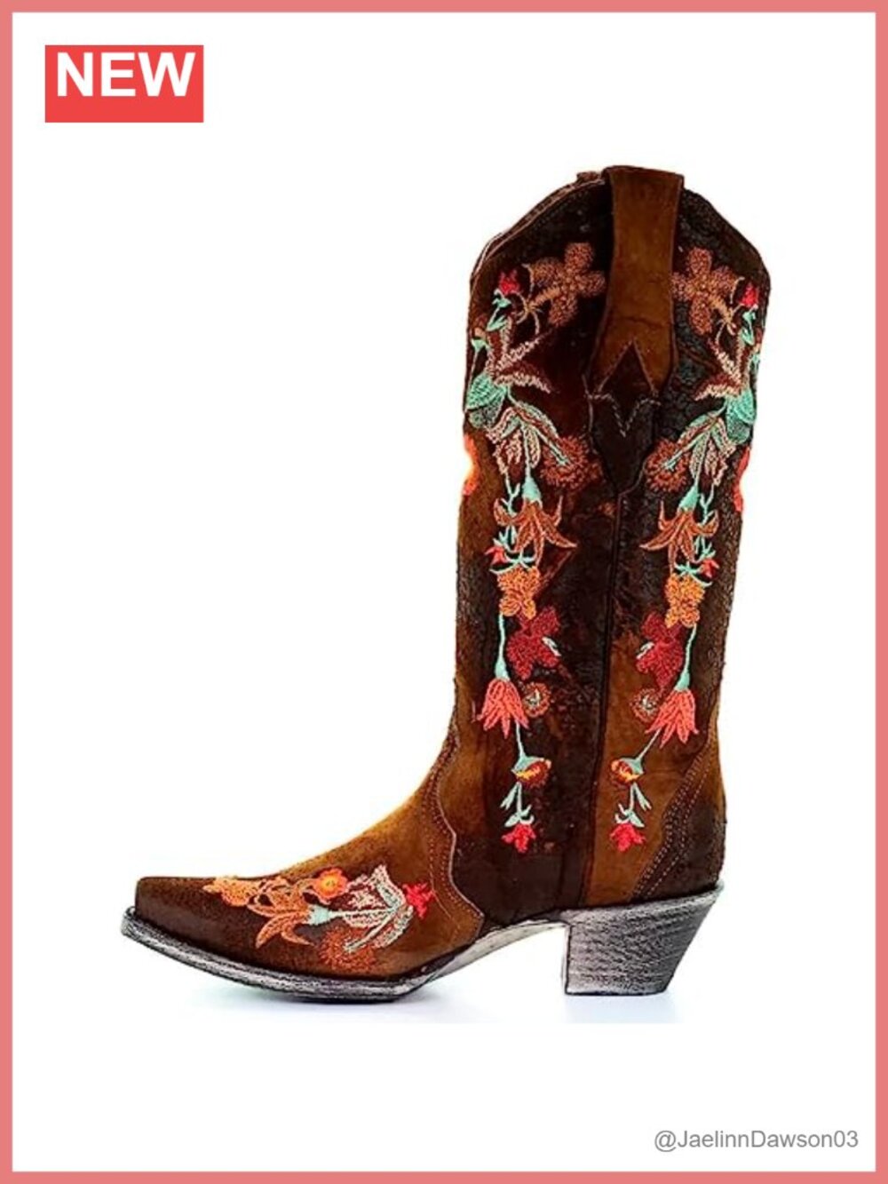 Floral Embroidered Lamb Leather Western Boots, Snip Toe Mid-Calf